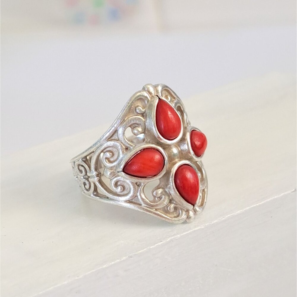 Vintage Coral Cluster Southwestern Filigree Sterling Ring by Artist Carolyn Poll - Picture 14 of 15